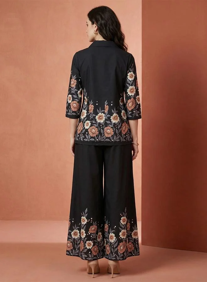 جلو باص طقم فيوجن قميص وبنطال بأرجل واسعة بطبعة زهور